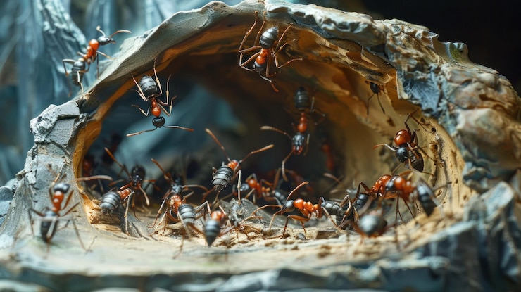 PSD a closeup of a colony of red ants swarming around the entrance to their nest