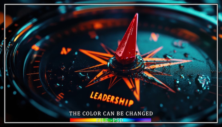 PSD closeup of a compass with the needle pointing to the word leadership
