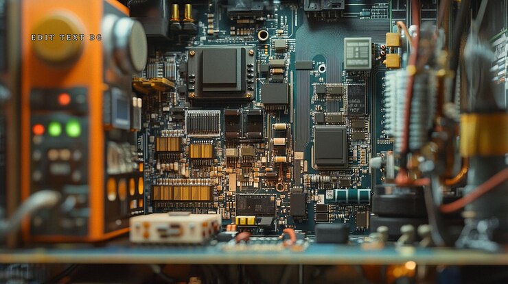 PSD closeup of complex circuit board with electronic components