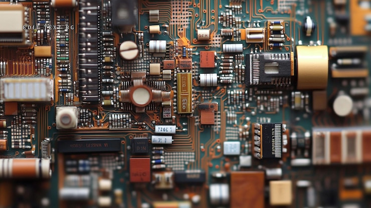 PSD closeup of a complex circuit board with various electronic components