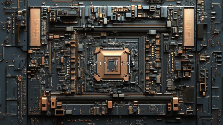 PSD closeup of a complex dark gray and copper circuit board with a central processor