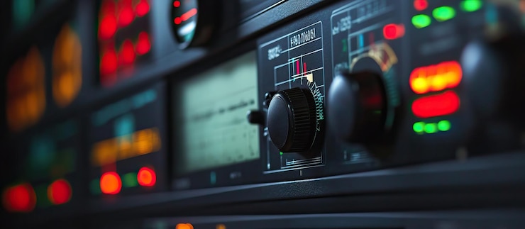 PSD closeup of a control panel with knobs and lights