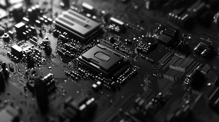 PSD closeup of a dark detailed computer motherboard with a central processor