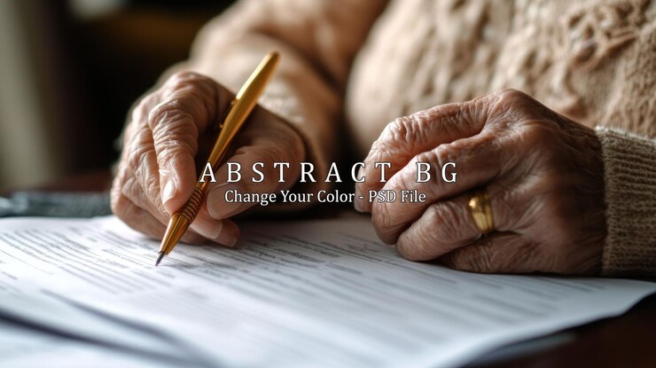 PSD closeup of elderly hands signing document