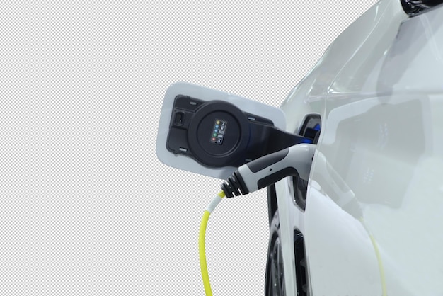 PSD closeup ev plug connected white modern ev car for recharging battery energy