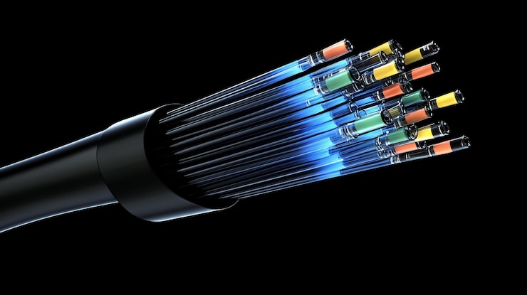 PSD closeup of fiber optic cable with illuminated strands