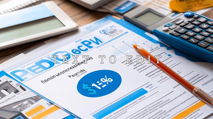PSD closeup of financial documents calculator and pen on a wooden desk