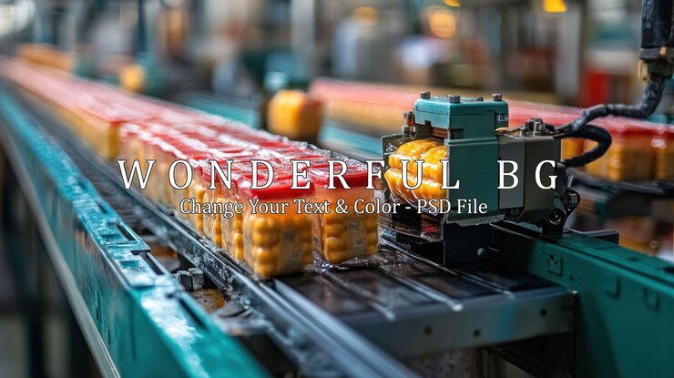 PSD a closeup of a food packaging line in a factory with containers of yellow corn kernels moving along a conveyor belt