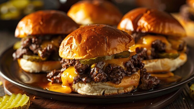 PSD closeup of four delicious mini cheeseburger sliders with pickles on a dark plate