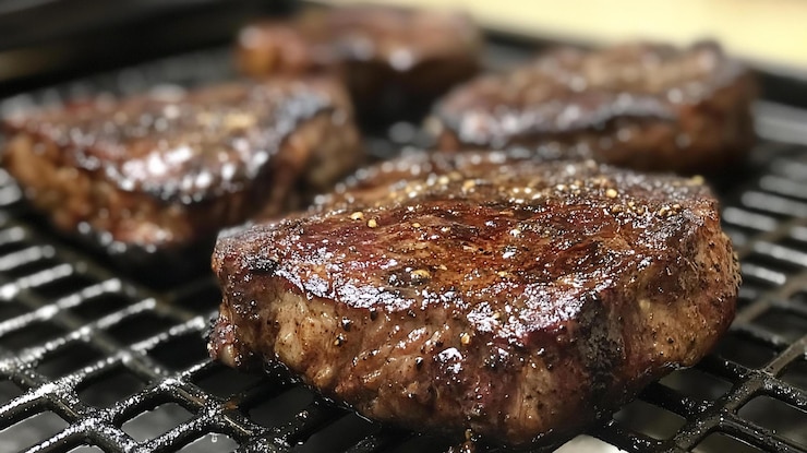 PSD closeup of four juicy grilled steaks on a black grill grate