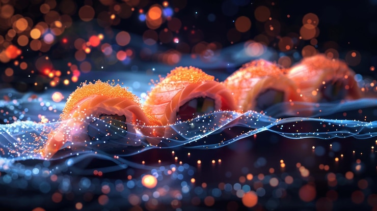 PSD closeup of four salmon sushi rolls with orange caviar set against a dark background with blurred lights and glowing blue smoke