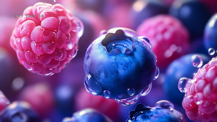 PSD closeup of fresh raspberries and blueberries with water droplets