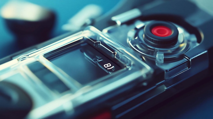 PSD closeup of futuristic digital device with transparent casing displaying a numeric value