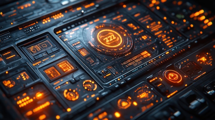 PSD closeup of a futuristic digital interface with glowing orange and black panels and a central gauge displaying the number 722