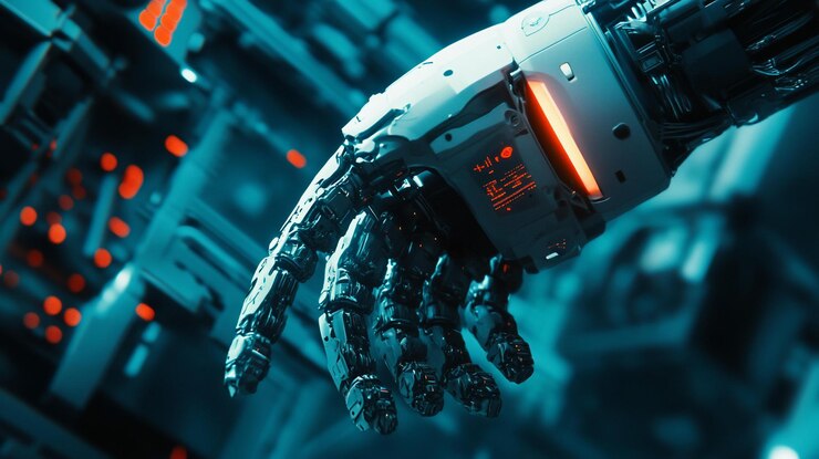 PSD closeup of a futuristic robotic hand intricate details of mechanical fingers complex circuitry and glowing components against a backdrop of advanced technology