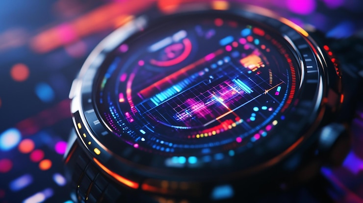 PSD closeup of a futuristic smartwatch displaying vibrant colorful data