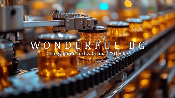 PSD closeup of a glass jars filled with amber liquid moving on a factory assembly line