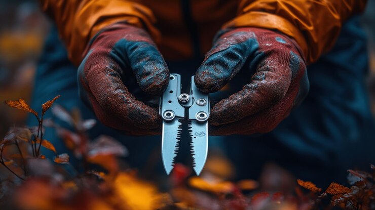 PSD closeup of gloved hands holding a small silver multitool with a partially open blade standing in a forest setting with autumn leaves
