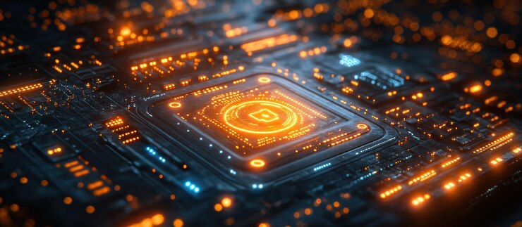 PSD closeup of a glowing circuit board with a lock symbol in the center