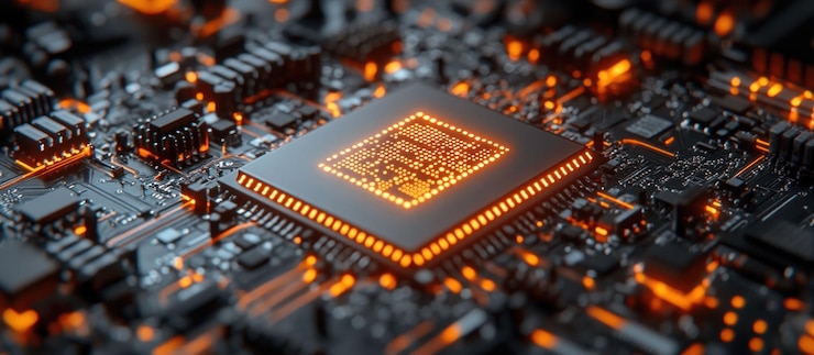 PSD closeup of a glowing computer chip on a circuit board 1