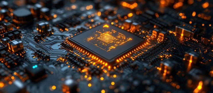 PSD closeup of a glowing cpu on a circuit board