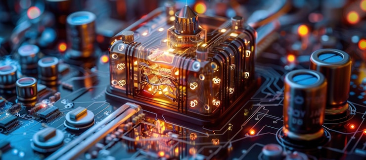 PSD closeup of a glowing intricate electronic component on a circuit board