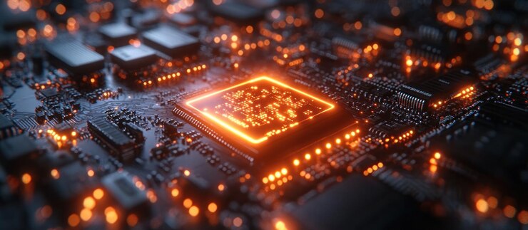 PSD closeup of a glowing orange cpu chip on a black circuit board