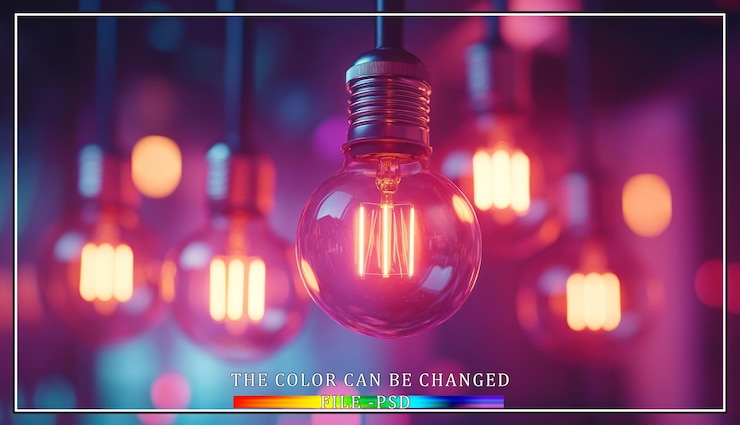 PSD closeup of glowing vintage light bulbs with a pink and purple bokeh background