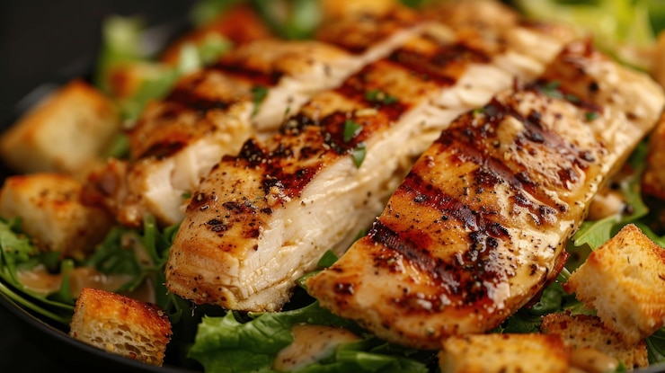 PSD closeup of grilled chicken breast with croutons and greens on a salad