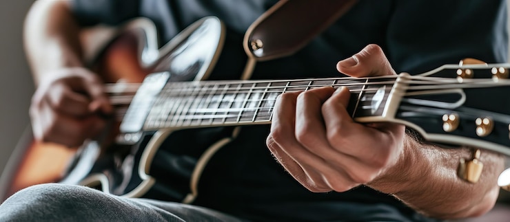 PSD closeup of a guitar players hand