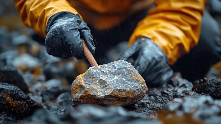 PSD closeup of a hand in black gloves using a tool to examine a rock