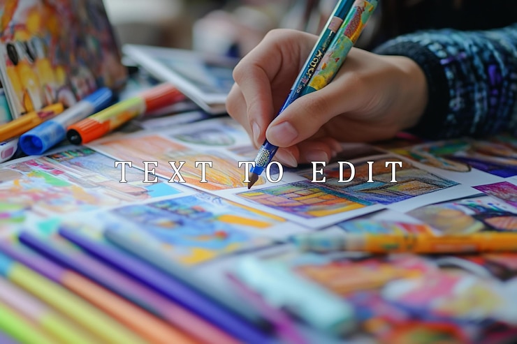 PSD closeup of a hand drawing colorful illustrations on paper with pens