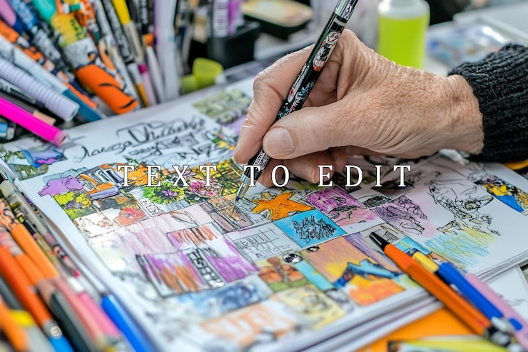 PSD closeup of a hand drawing colorful sketches in a sketchbook surrounded by art supplies