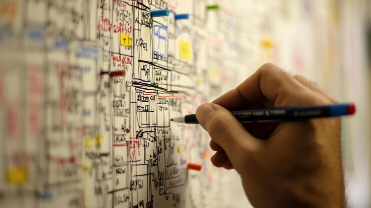 PSD closeup of hand drawing on whiteboard with workflow diagram