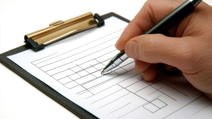 PSD closeup of a hand filling out a form on a clipboard with a pen