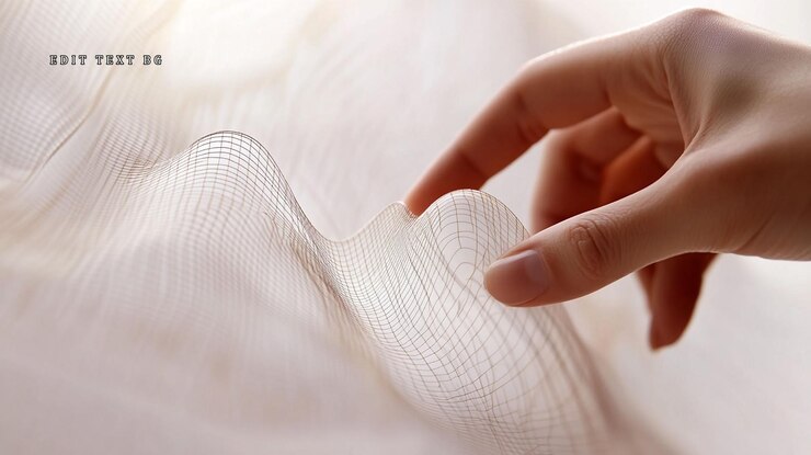 PSD closeup of a hand gently touching delicate textured fabric with a grid pattern
