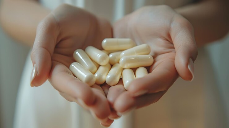 PSD closeup of hand holding white pills