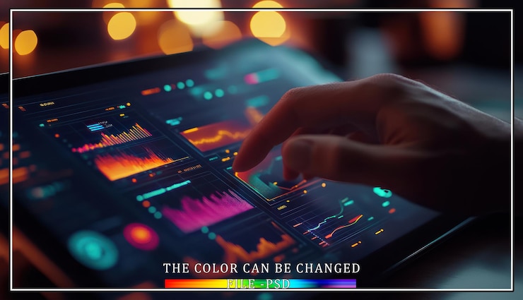 PSD closeup of a hand interacting with a tablet displaying data visualizations graphs and charts
