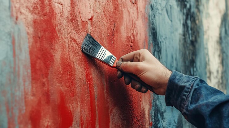 PSD closeup of a hand painting a textured wall with a brush applying red paint