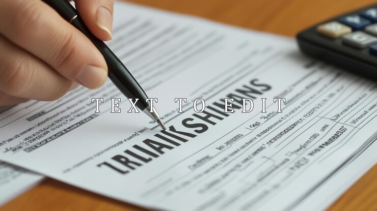 PSD closeup of a hand signing a document d trliaikshinans with a pen near a calculator