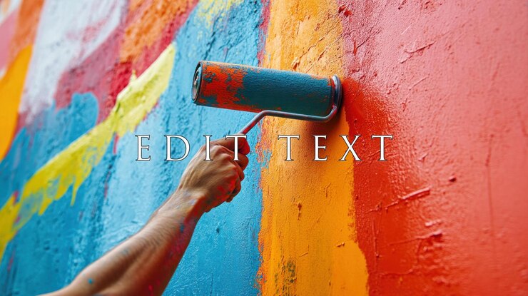 PSD closeup of a hand using a paint roller to apply vibrant blue paint onto a colorful wall