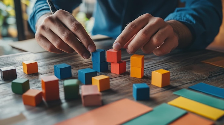 PSD closeup of hands arranging colorful blocks on a wooden table