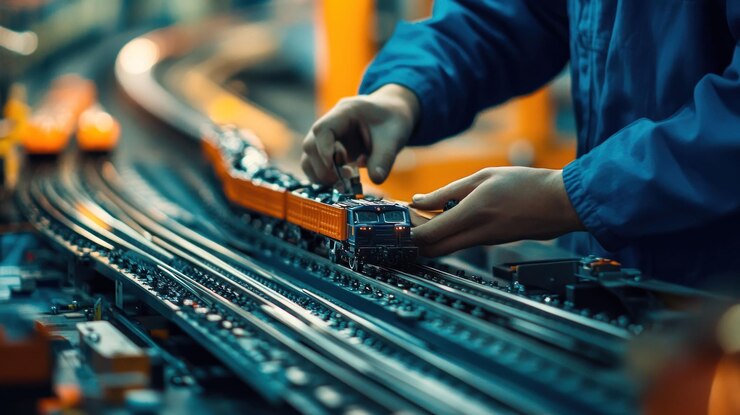 PSD closeup of hands assembling a model train on a detailed track
