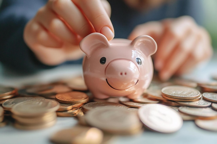 PSD closeup of hands depositing a coin into a smiling pink piggy bank sitting on a pile of coins
