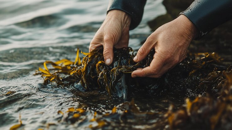 PSD closeup of hands harvesting seaweed from ocean water