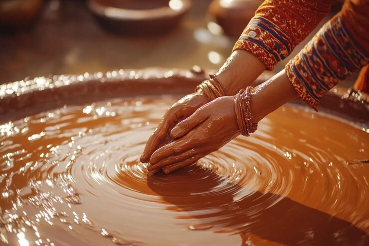 PSD closeup of hands shaping clay on a potters wheel