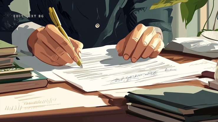 PSD closeup of hands signing document at desk