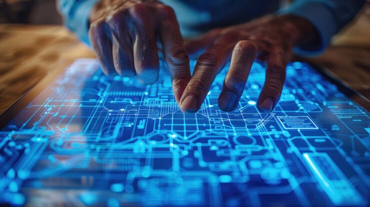 PSD closeup of hands using a futuristic touchscreen tablet