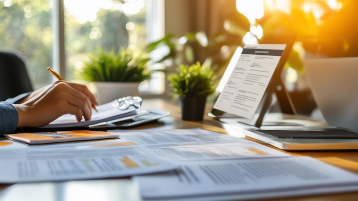 PSD closeup of hands writing in notebook papers and laptops on a desk a person working on documents and spreadsheets