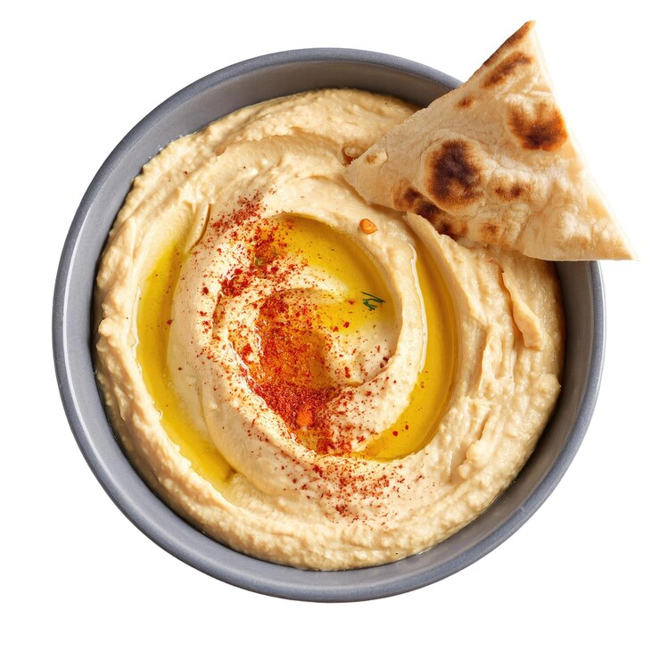 PSD closeup of hummus with pita